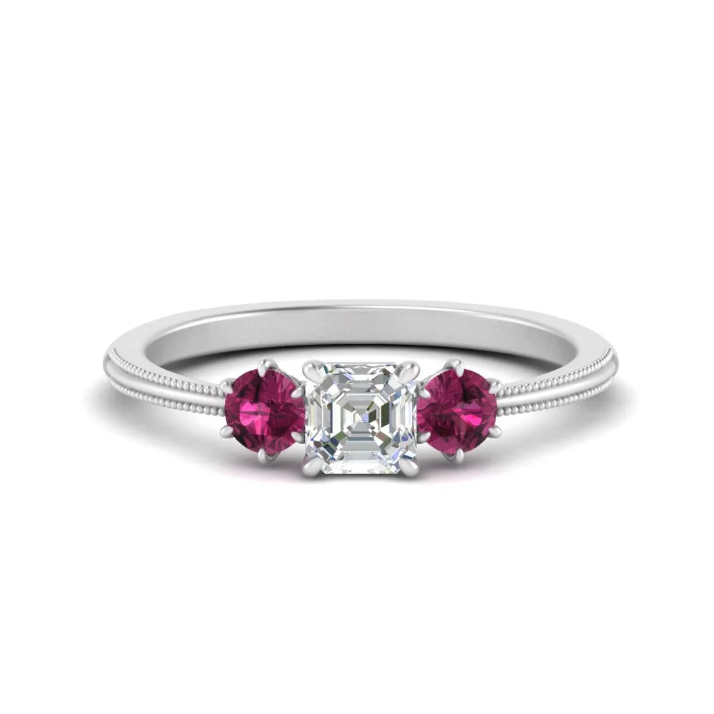 14K Gold Asscher & Round Cut Lab Diamond 3 Stone Engagement Ring