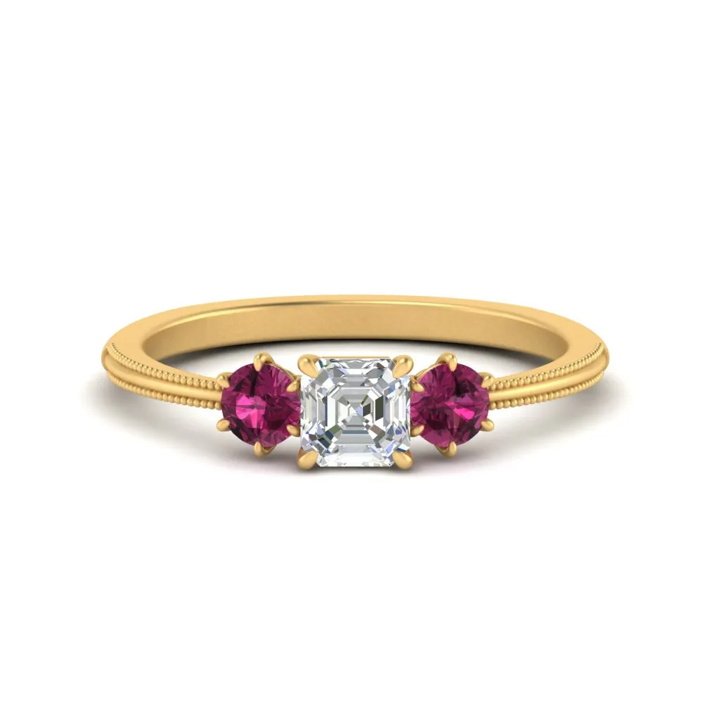 14K Gold Asscher & Round Cut Lab Diamond 3 Stone Engagement Ring