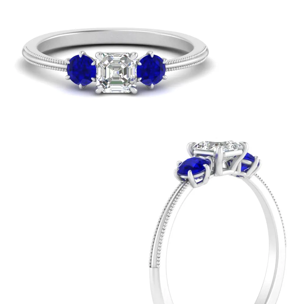 14K Gold Asscher & Round Cut Lab Diamond 3 Stone Engagement Ring