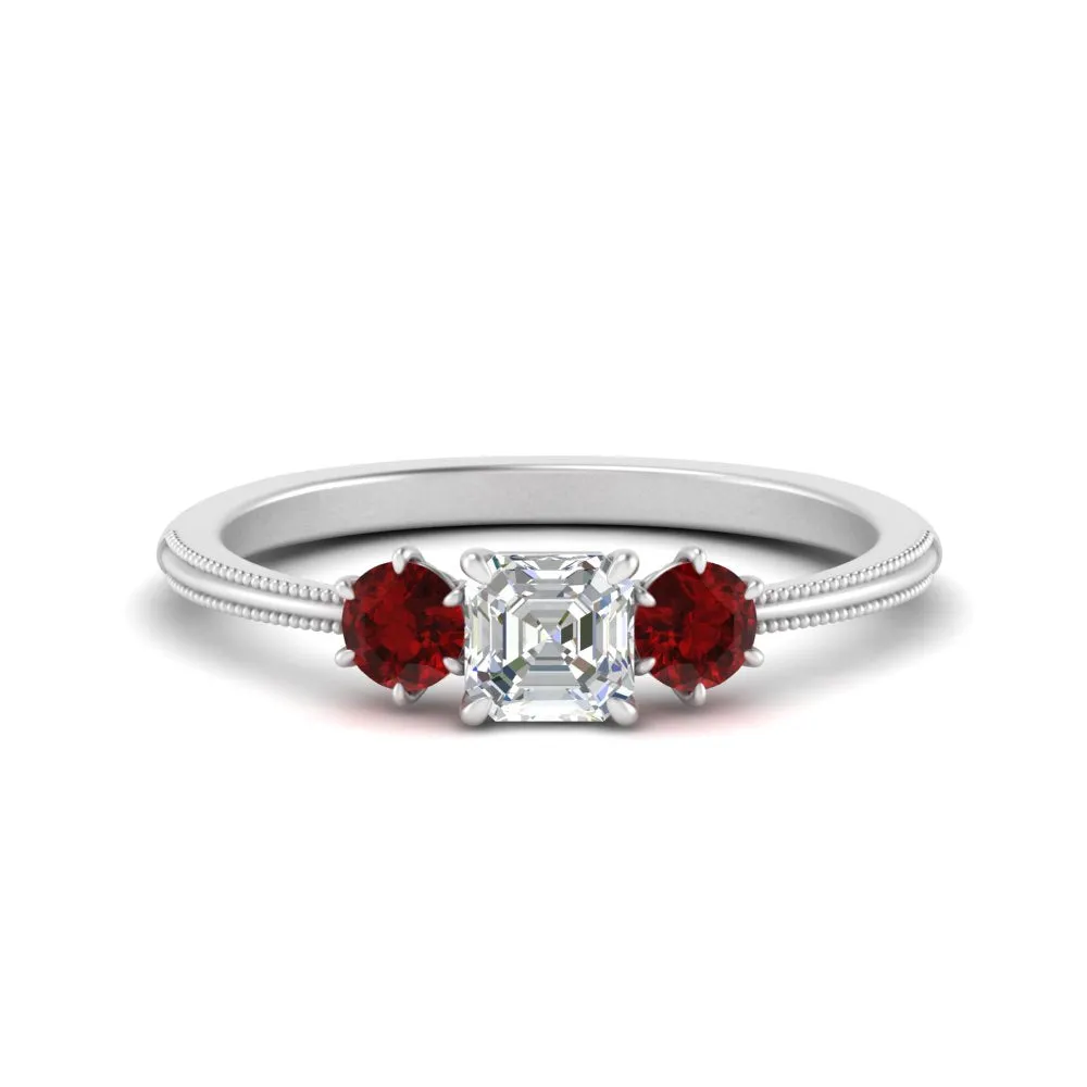 14K Gold Asscher & Round Cut Lab Diamond 3 Stone Engagement Ring