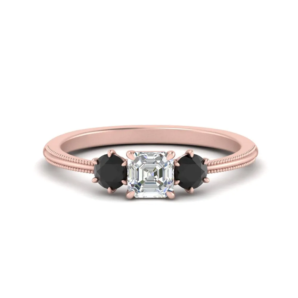 14K Gold Asscher & Round Cut Lab Diamond 3 Stone Engagement Ring