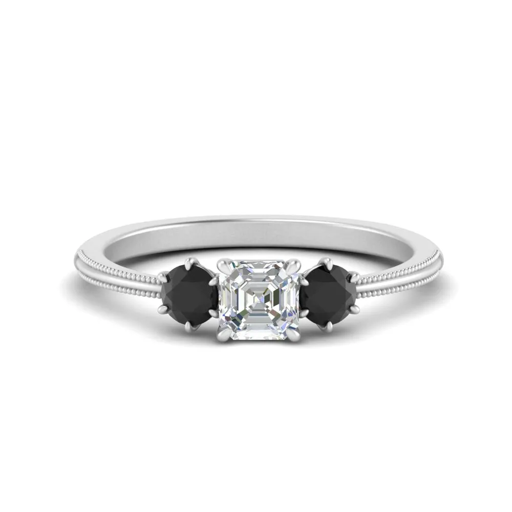 14K Gold Asscher & Round Cut Lab Diamond 3 Stone Engagement Ring