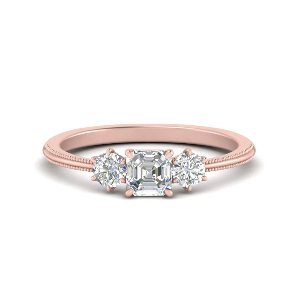 14K Gold Asscher & Round Cut Lab Diamond 3 Stone Engagement Ring