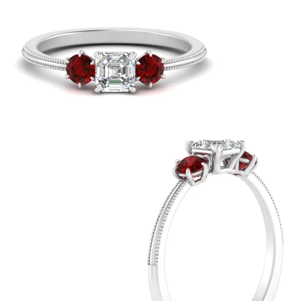 14K Gold Asscher & Round Cut Lab Diamond 3 Stone Engagement Ring