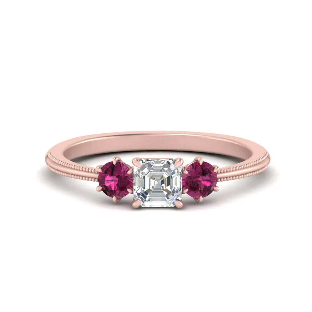 14K Gold Asscher & Round Cut Lab Diamond 3 Stone Engagement Ring