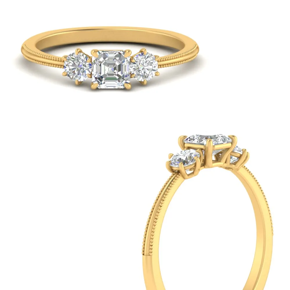 14K Gold Asscher & Round Cut Lab Diamond 3 Stone Engagement Ring
