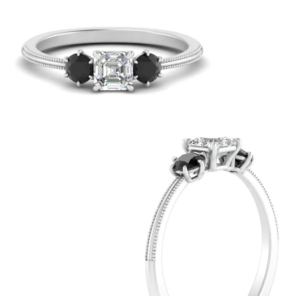14K Gold Asscher & Round Cut Lab Diamond 3 Stone Engagement Ring