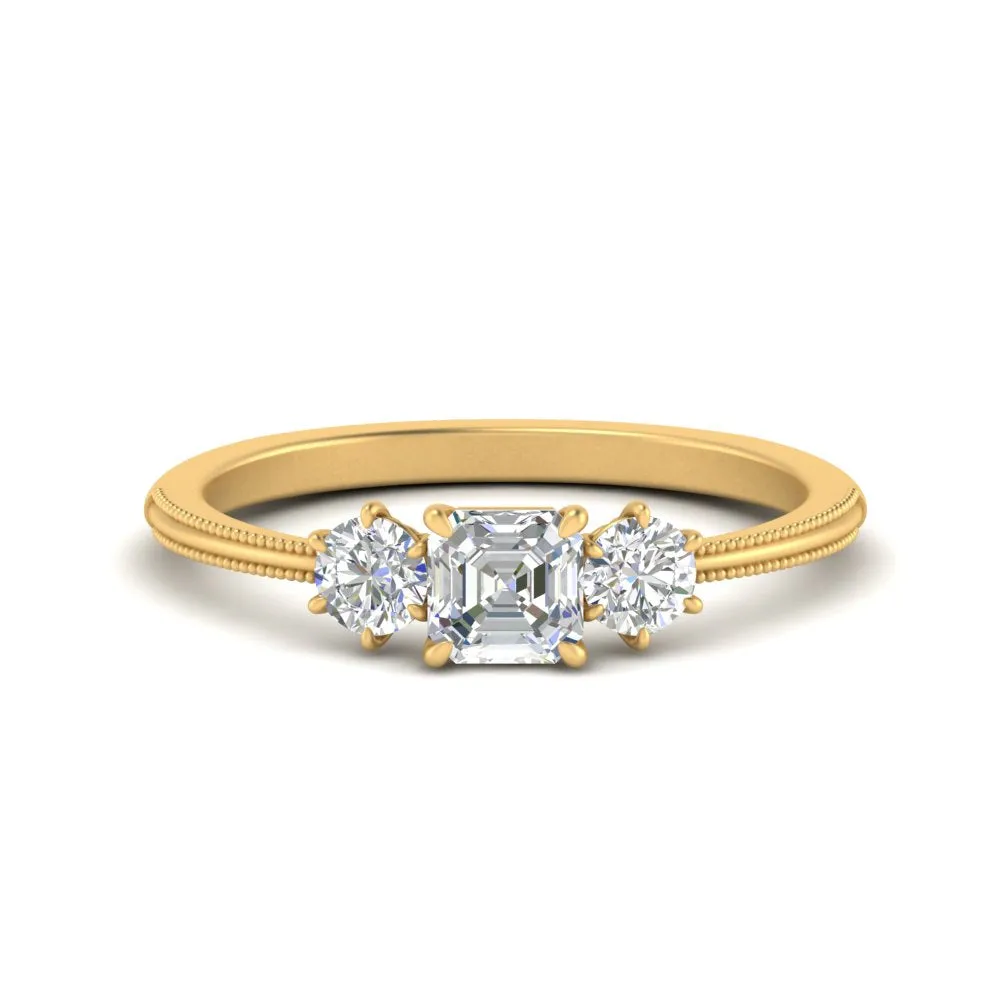 14K Gold Asscher & Round Cut Lab Diamond 3 Stone Engagement Ring