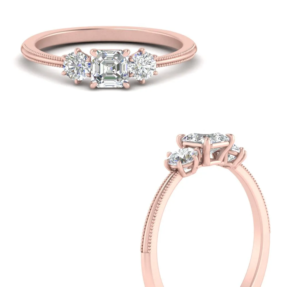14K Gold Asscher & Round Cut Lab Diamond 3 Stone Engagement Ring