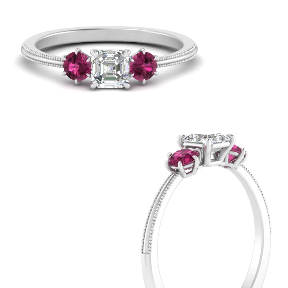 14K Gold Asscher & Round Cut Lab Diamond 3 Stone Engagement Ring