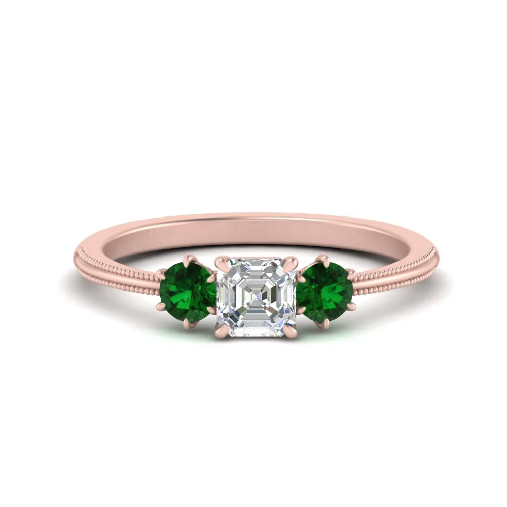 14K Gold Asscher & Round Cut Lab Diamond 3 Stone Engagement Ring