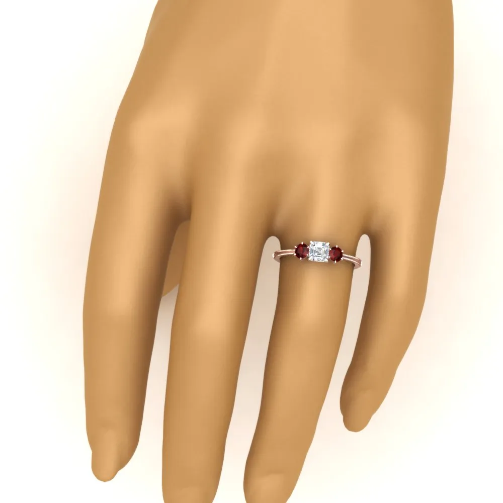 14K Gold Asscher & Round Cut Lab Diamond 3 Stone Engagement Ring