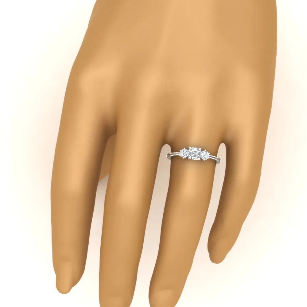 14K Gold Asscher & Round Cut Lab Diamond 3 Stone Engagement Ring