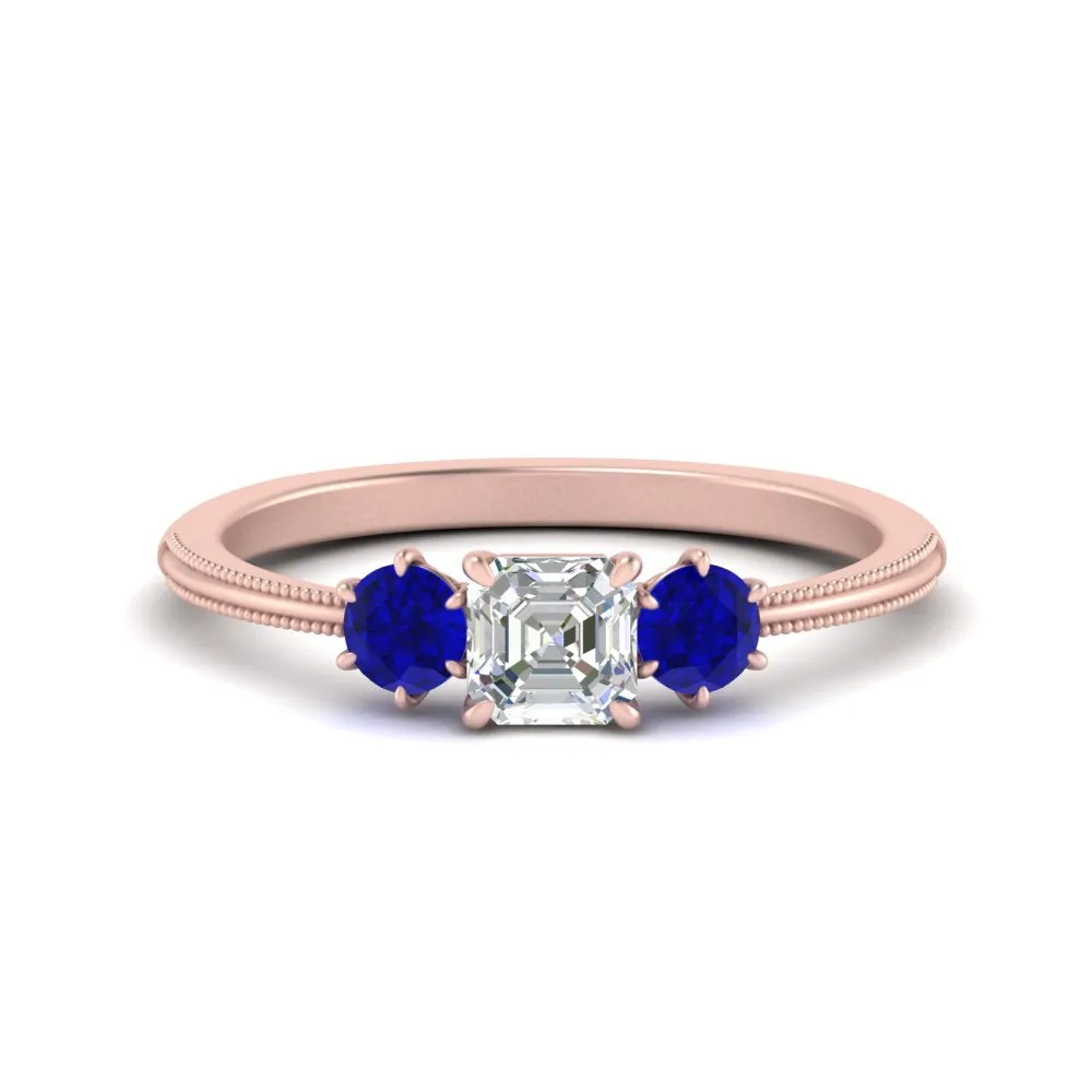 14K Gold Asscher & Round Cut Lab Diamond 3 Stone Engagement Ring