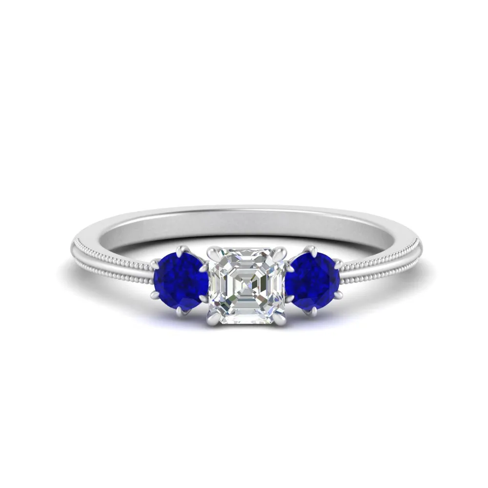 14K Gold Asscher & Round Cut Lab Diamond 3 Stone Engagement Ring