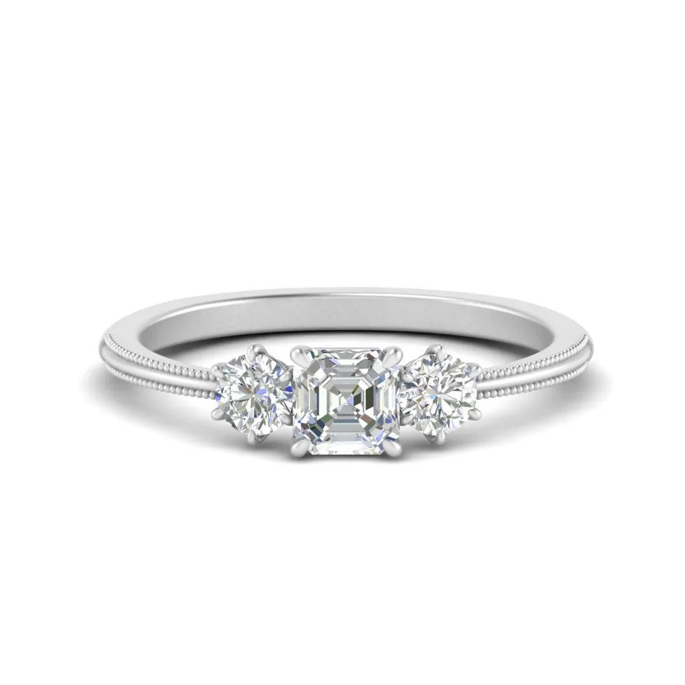 14K Gold Asscher & Round Cut Lab Diamond 3 Stone Engagement Ring