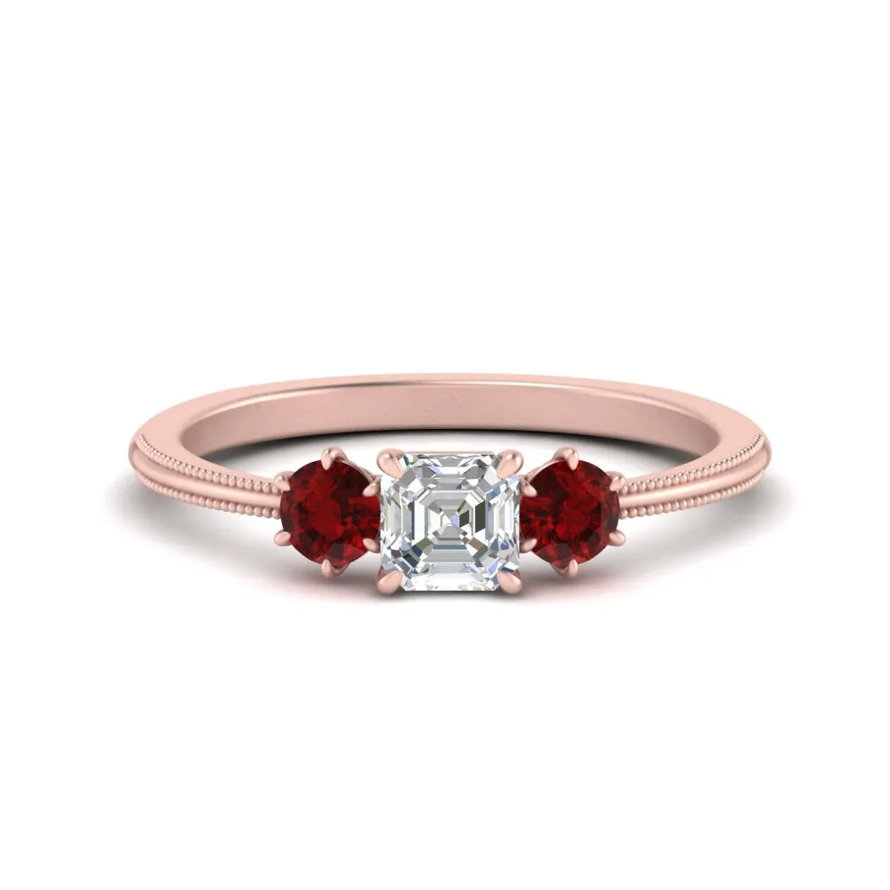 14K Gold Asscher & Round Cut Lab Diamond 3 Stone Engagement Ring