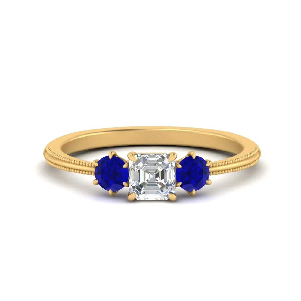 14K Gold Asscher & Round Cut Lab Diamond 3 Stone Engagement Ring