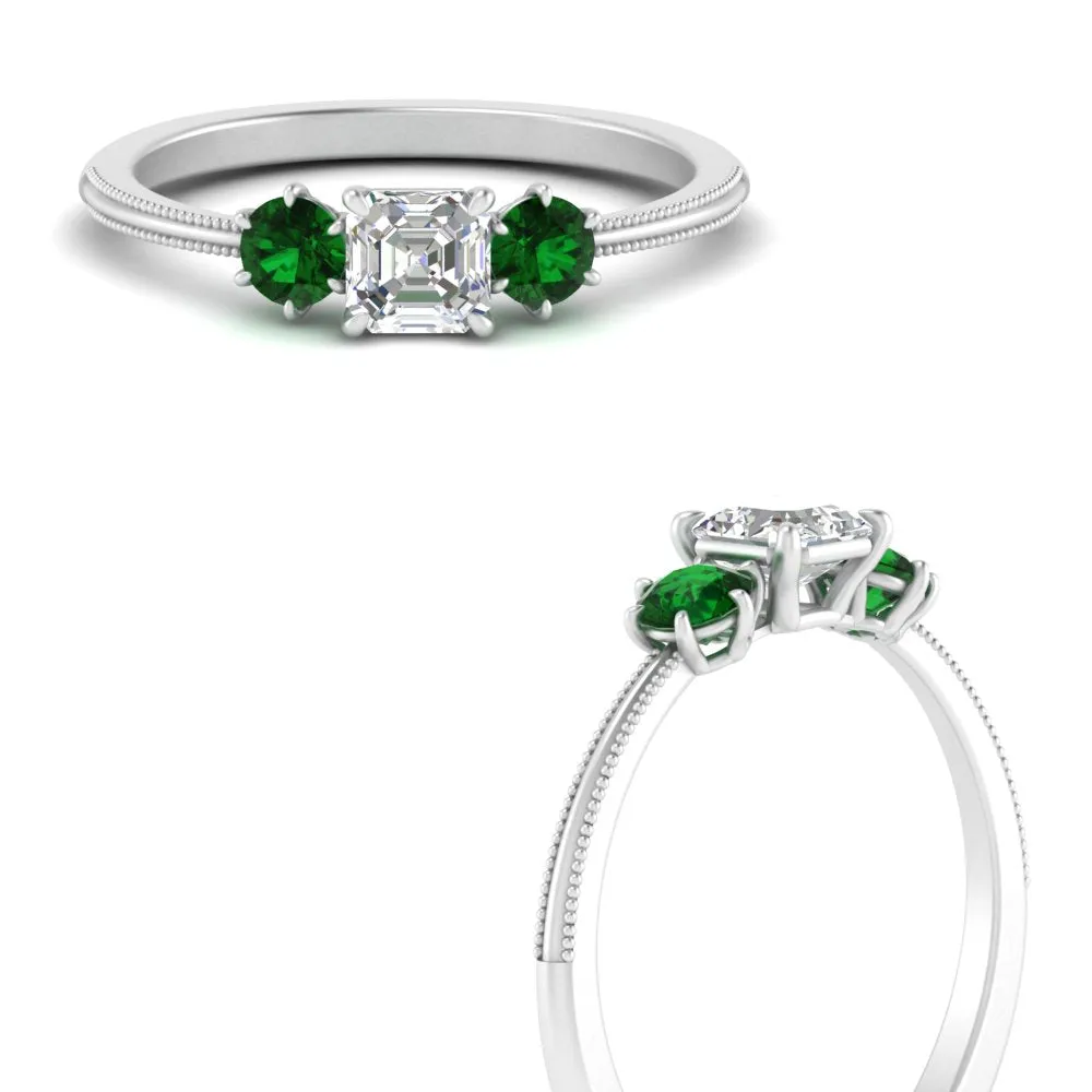 14K Gold Asscher & Round Cut Lab Diamond 3 Stone Engagement Ring