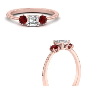 14K Gold Asscher & Round Cut Lab Diamond 3 Stone Engagement Ring