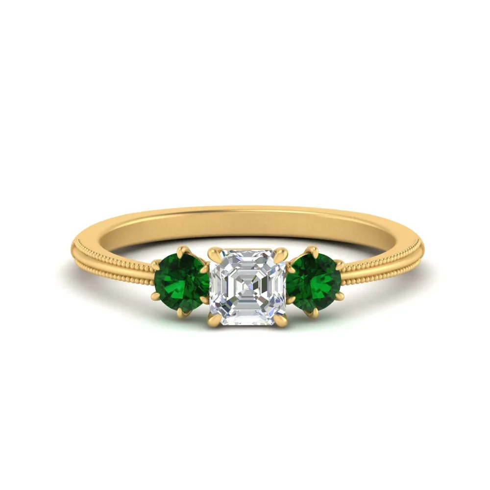 14K Gold Asscher & Round Cut Lab Diamond 3 Stone Engagement Ring