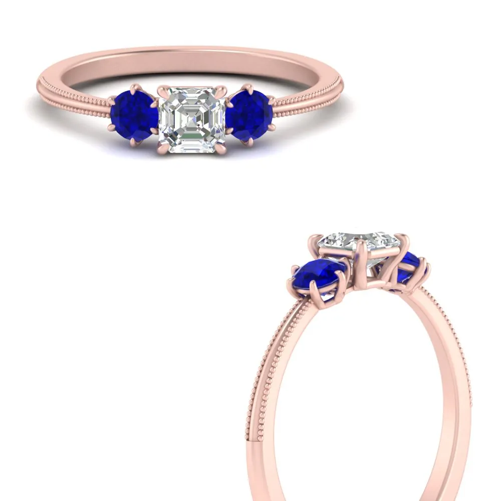 14K Gold Asscher & Round Cut Lab Diamond 3 Stone Engagement Ring