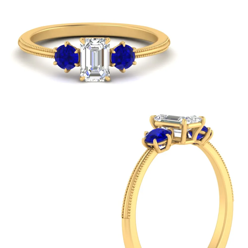 14K Gold Emerald & Round Cut Lab Diamond 3 Stone Engagement Ring