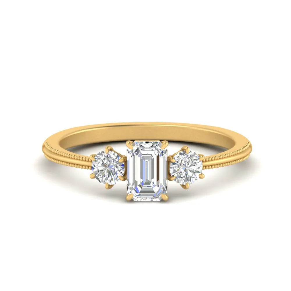 14K Gold Emerald & Round Cut Lab Diamond 3 Stone Engagement Ring