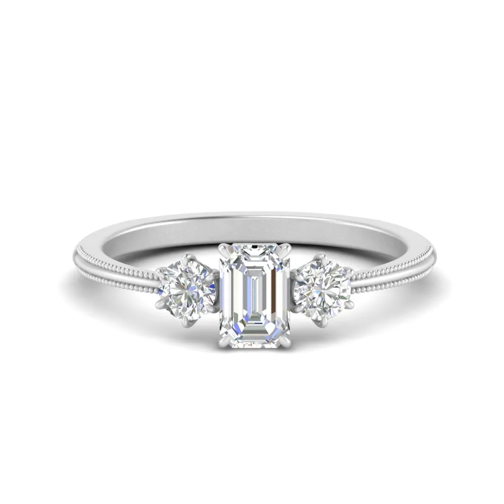 14K Gold Emerald & Round Cut Lab Diamond 3 Stone Engagement Ring