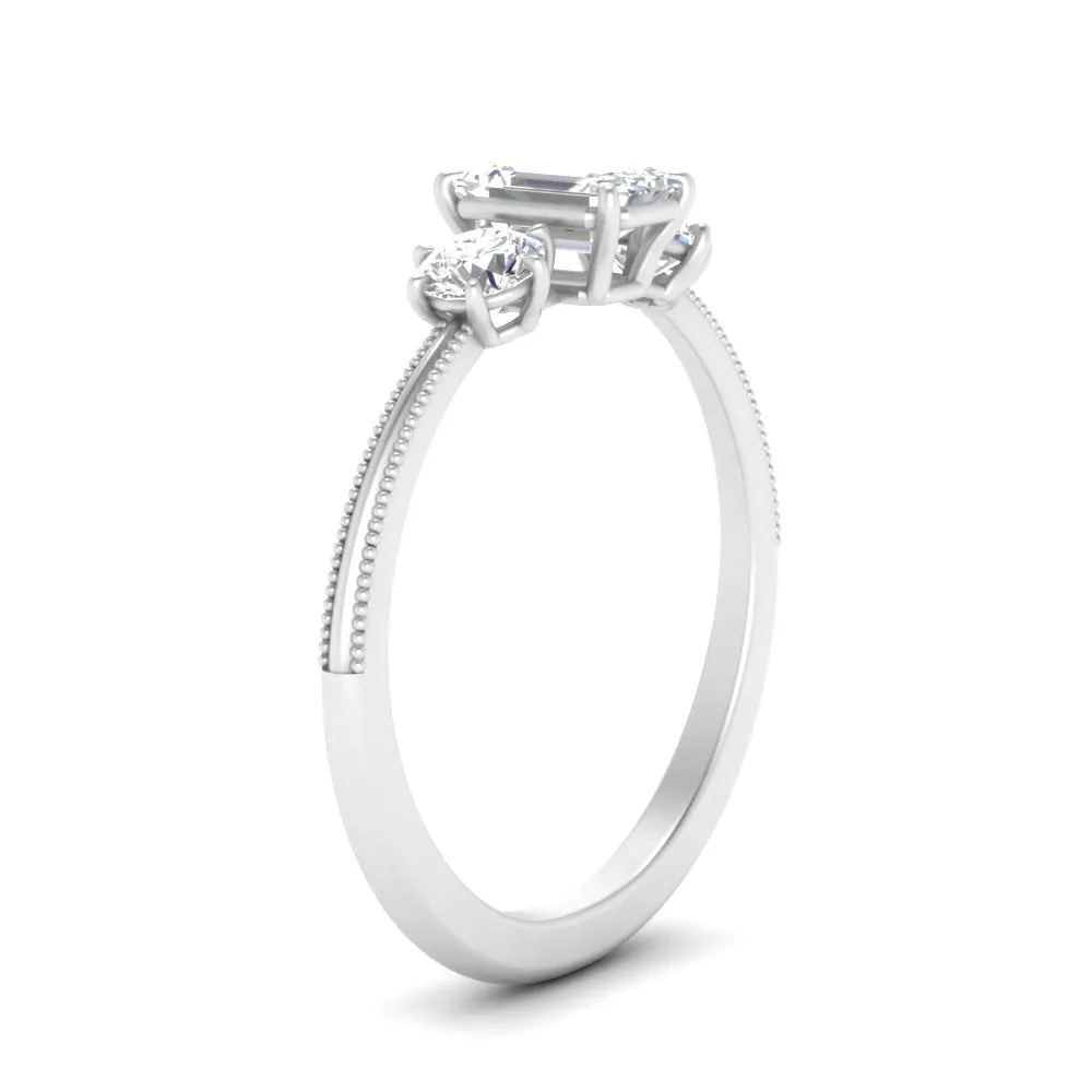 14K Gold Emerald & Round Cut Lab Diamond 3 Stone Engagement Ring