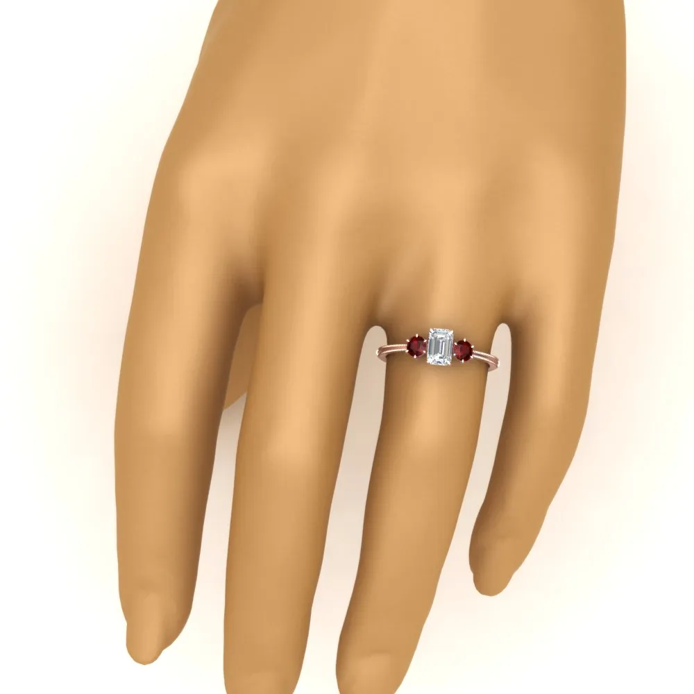 14K Gold Emerald & Round Cut Lab Diamond 3 Stone Engagement Ring