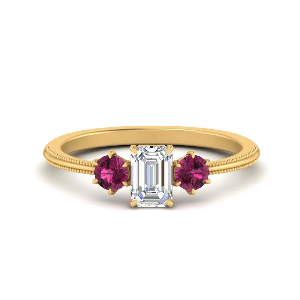14K Gold Emerald & Round Cut Lab Diamond 3 Stone Engagement Ring