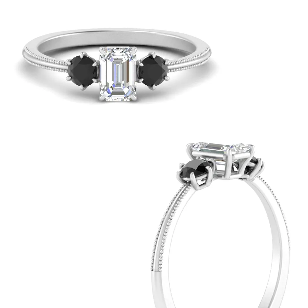 14K Gold Emerald & Round Cut Lab Diamond 3 Stone Engagement Ring