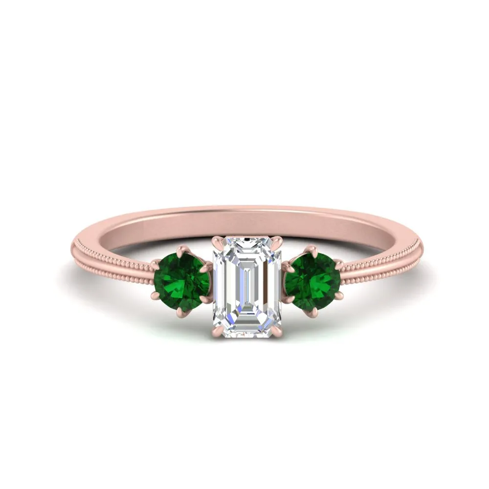 14K Gold Emerald & Round Cut Lab Diamond 3 Stone Engagement Ring
