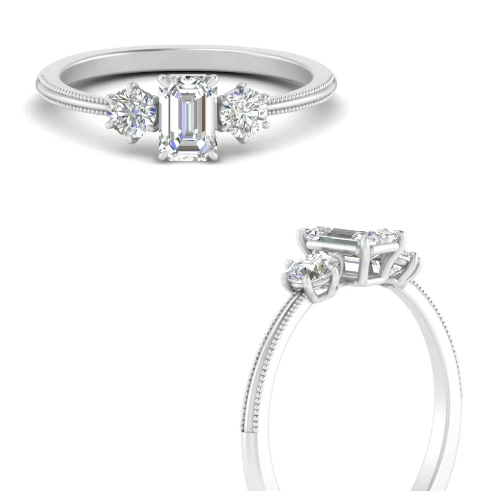 14K Gold Emerald & Round Cut Lab Diamond 3 Stone Engagement Ring