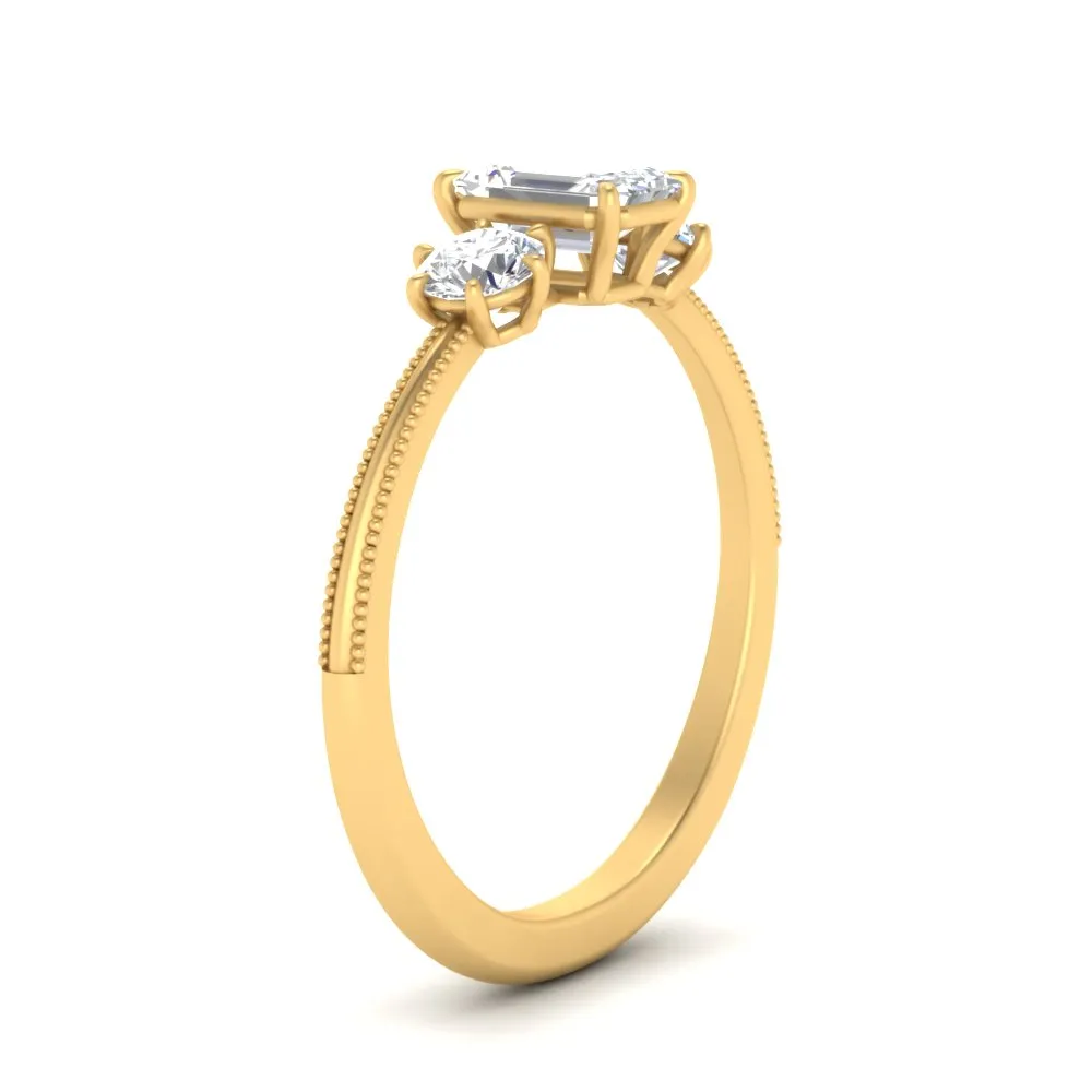 14K Gold Emerald & Round Cut Lab Diamond 3 Stone Engagement Ring