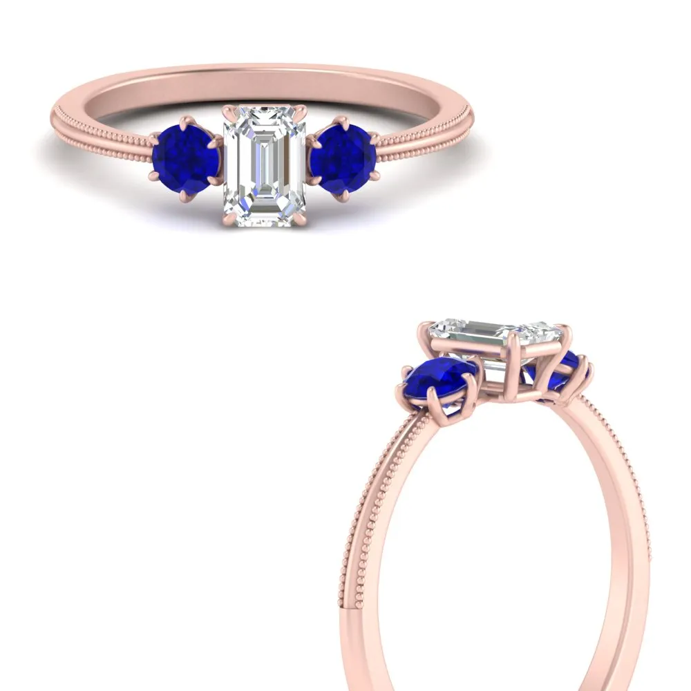 14K Gold Emerald & Round Cut Lab Diamond 3 Stone Engagement Ring