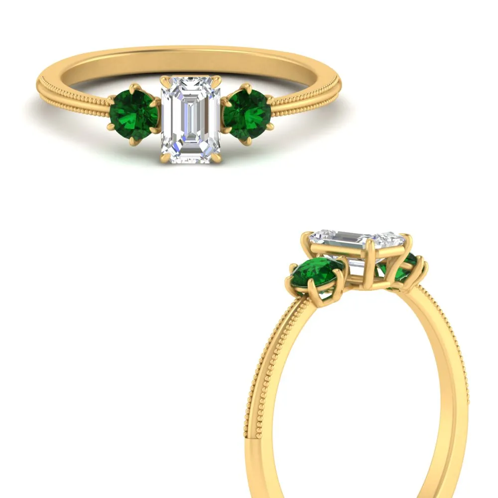 14K Gold Emerald & Round Cut Lab Diamond 3 Stone Engagement Ring