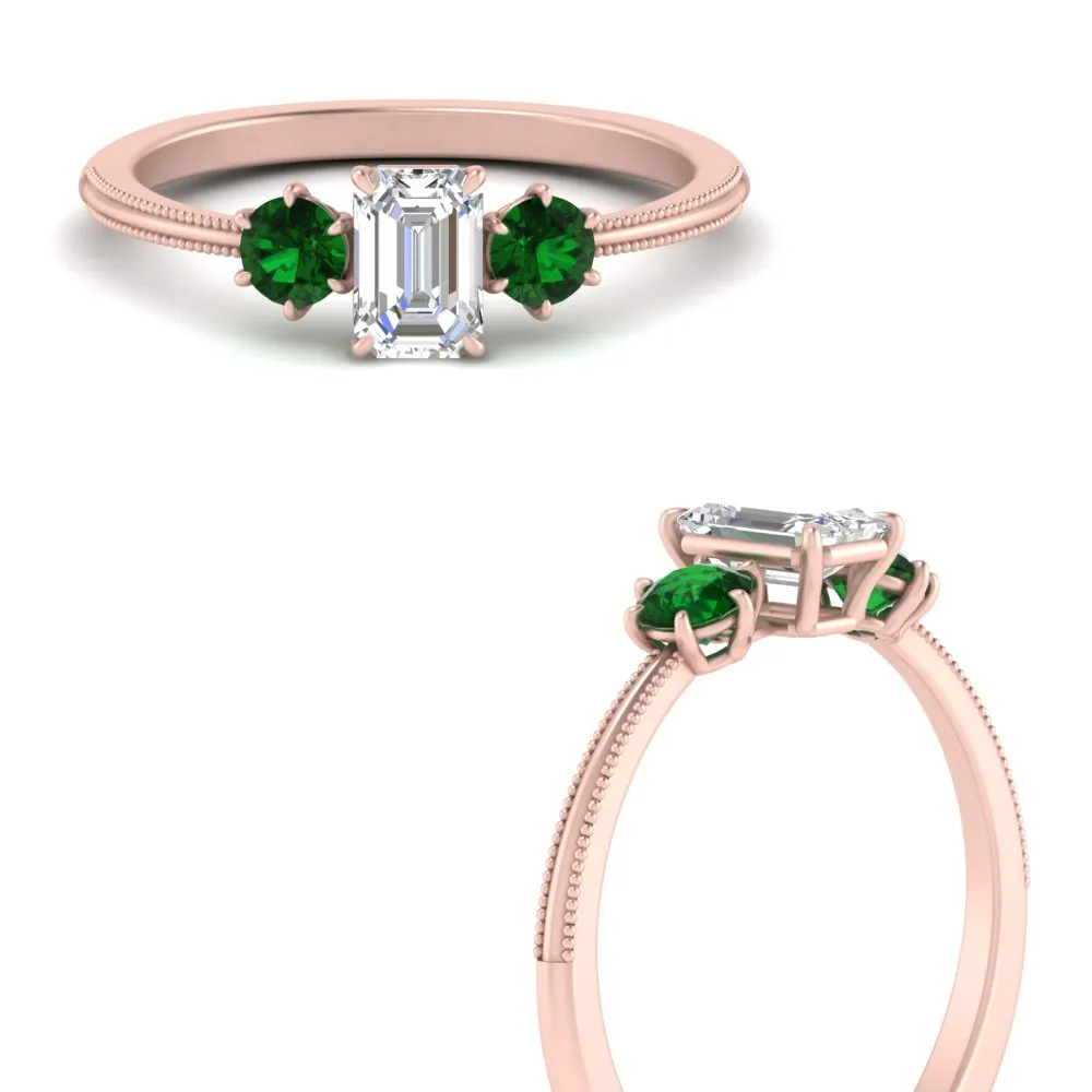 14K Gold Emerald & Round Cut Lab Diamond 3 Stone Engagement Ring