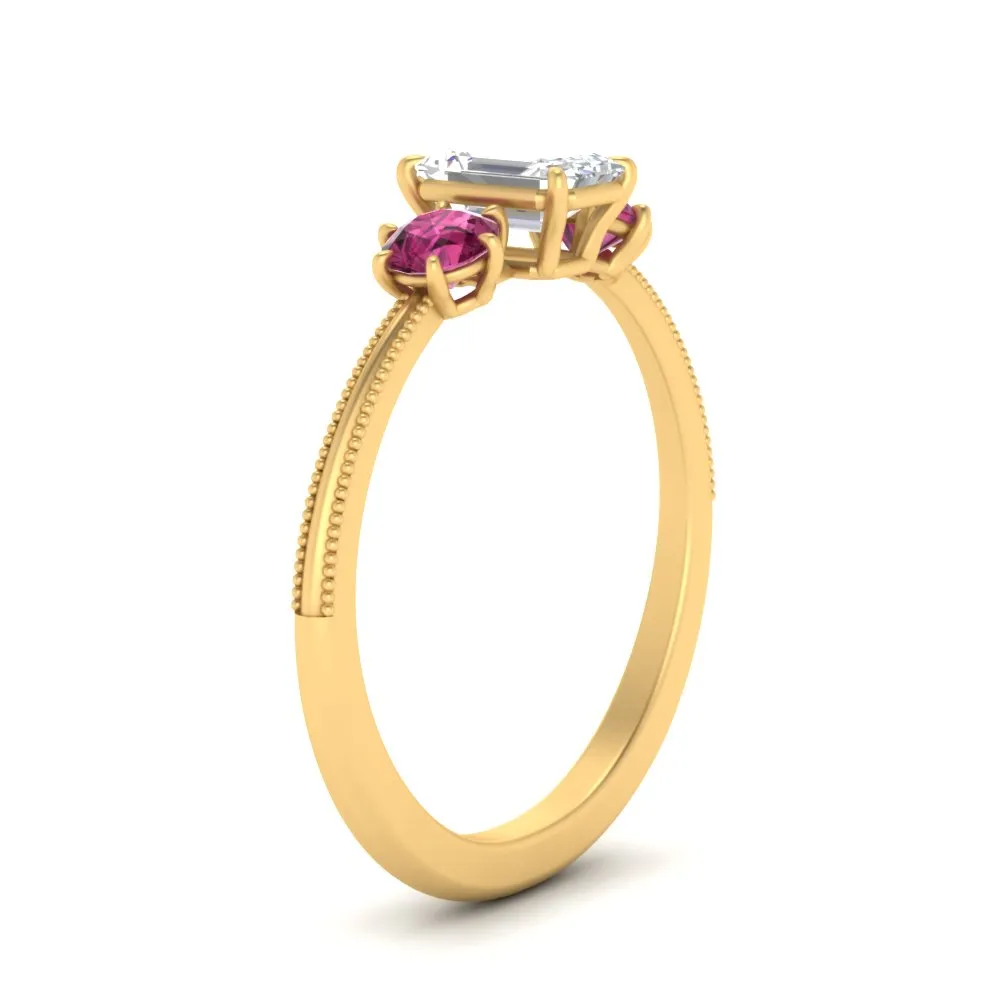 14K Gold Emerald & Round Cut Lab Diamond 3 Stone Engagement Ring