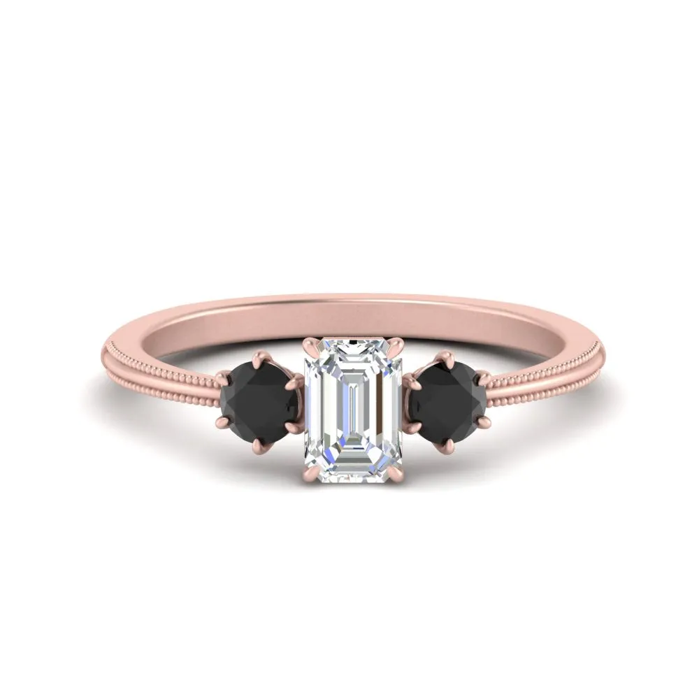 14K Gold Emerald & Round Cut Lab Diamond 3 Stone Engagement Ring