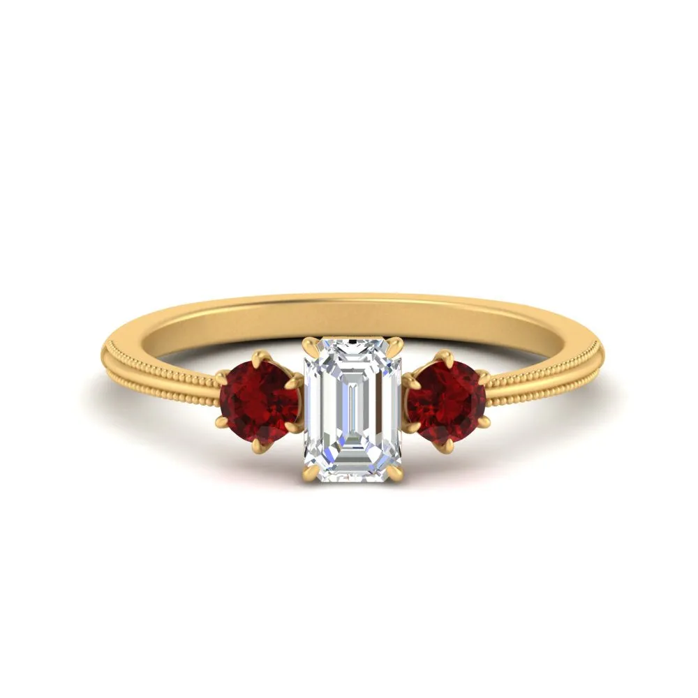 14K Gold Emerald & Round Cut Lab Diamond 3 Stone Engagement Ring