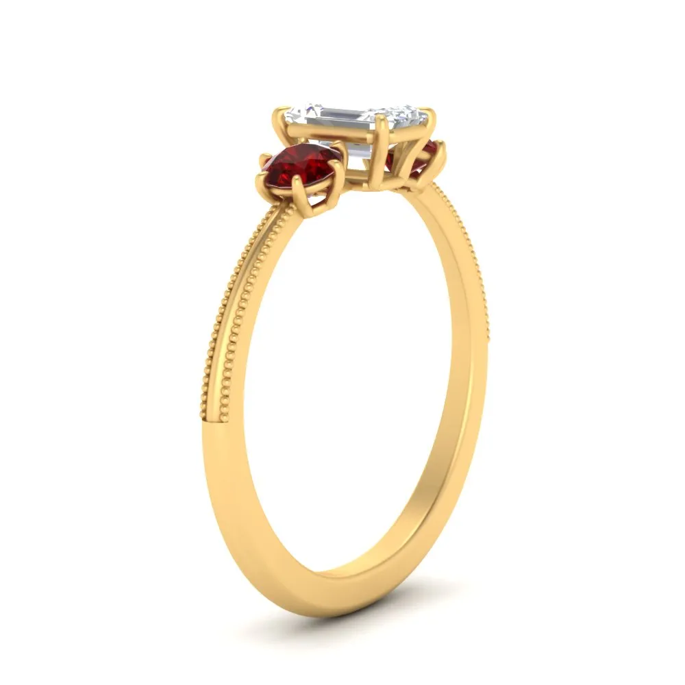 14K Gold Emerald & Round Cut Lab Diamond 3 Stone Engagement Ring