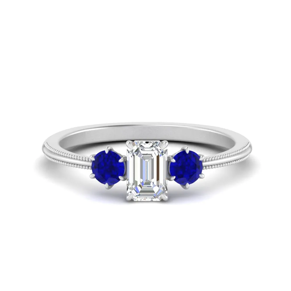 14K Gold Emerald & Round Cut Lab Diamond 3 Stone Engagement Ring