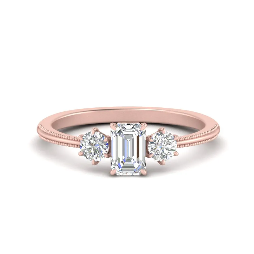 14K Gold Emerald & Round Cut Lab Diamond 3 Stone Engagement Ring