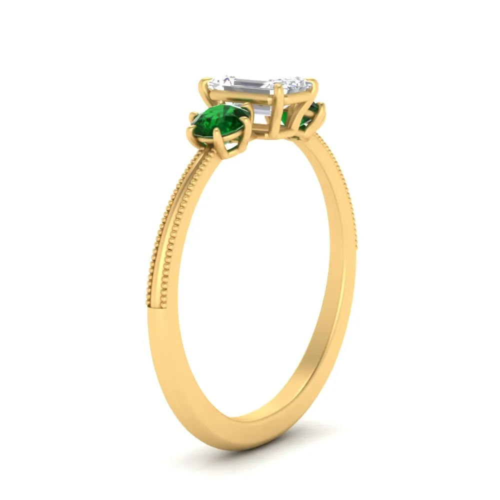 14K Gold Emerald & Round Cut Lab Diamond 3 Stone Engagement Ring