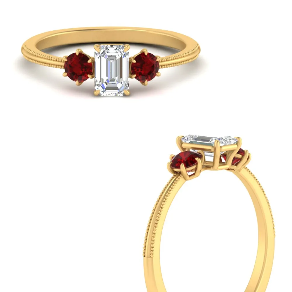 14K Gold Emerald & Round Cut Lab Diamond 3 Stone Engagement Ring