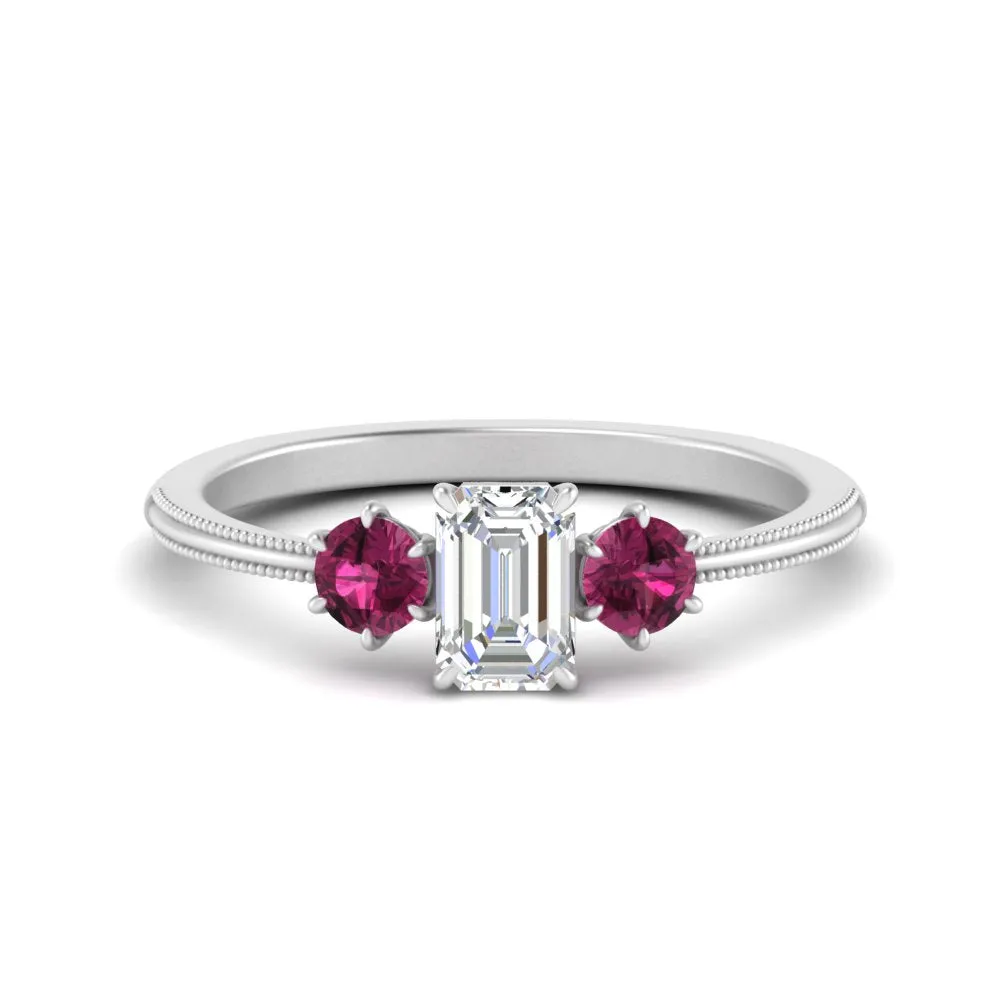 14K Gold Emerald & Round Cut Lab Diamond 3 Stone Engagement Ring