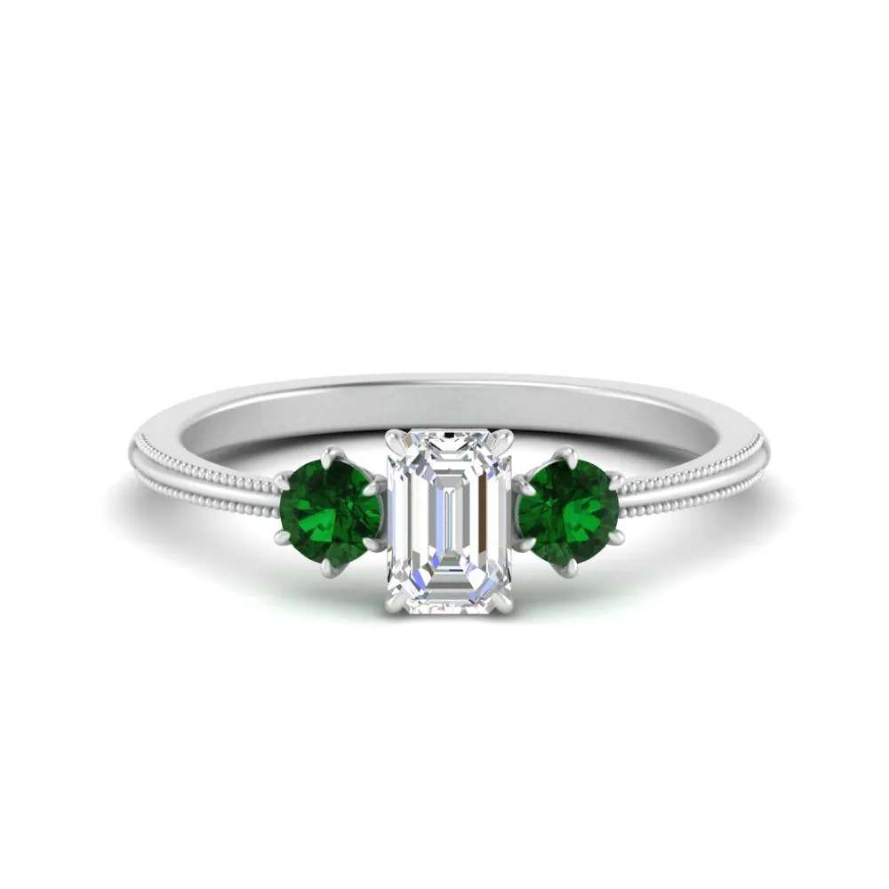14K Gold Emerald & Round Cut Lab Diamond 3 Stone Engagement Ring