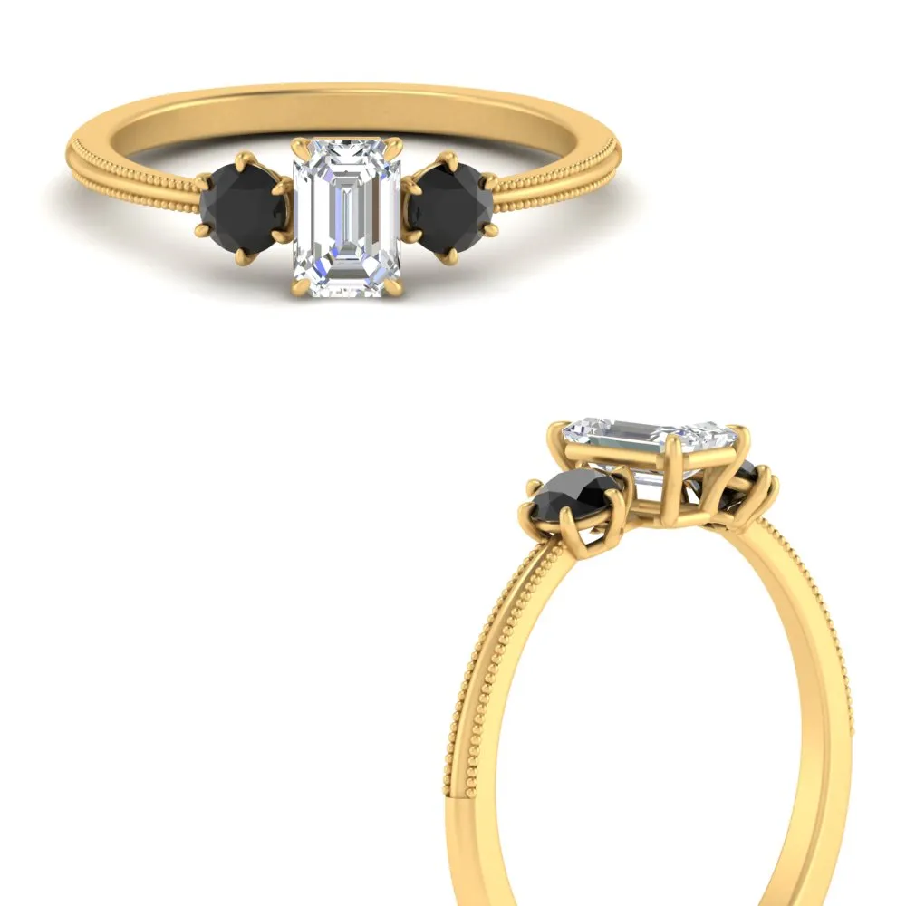 14K Gold Emerald & Round Cut Lab Diamond 3 Stone Engagement Ring
